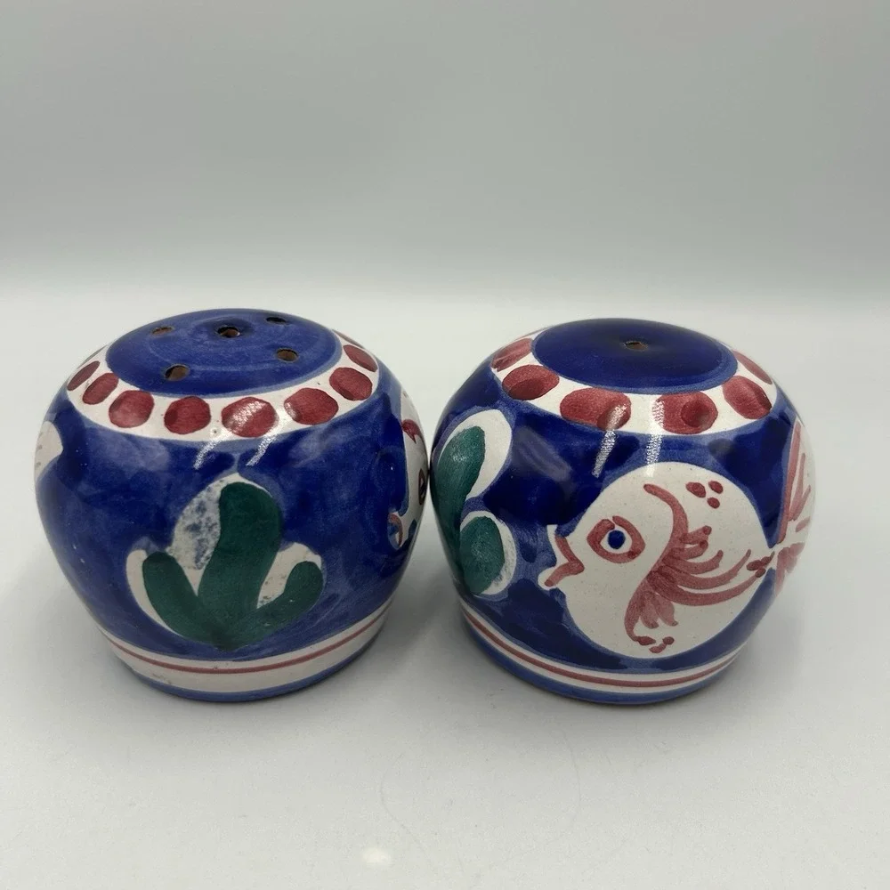 Vietri Solimene Salt & Pepper Shakers Blue With Fish Made In Italy